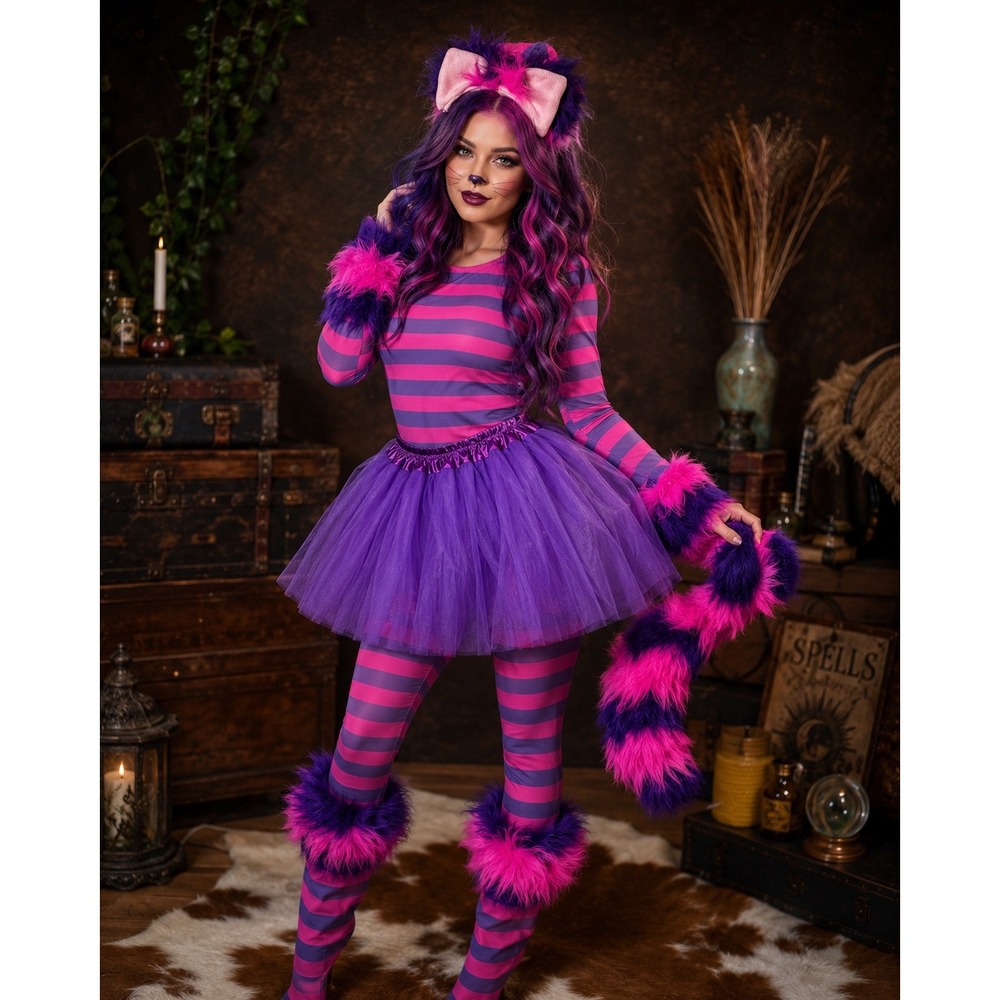 Cheshire Cat Costume Complete Cosplay Set Tutu Tail Ears Leg Warmers Lenses M